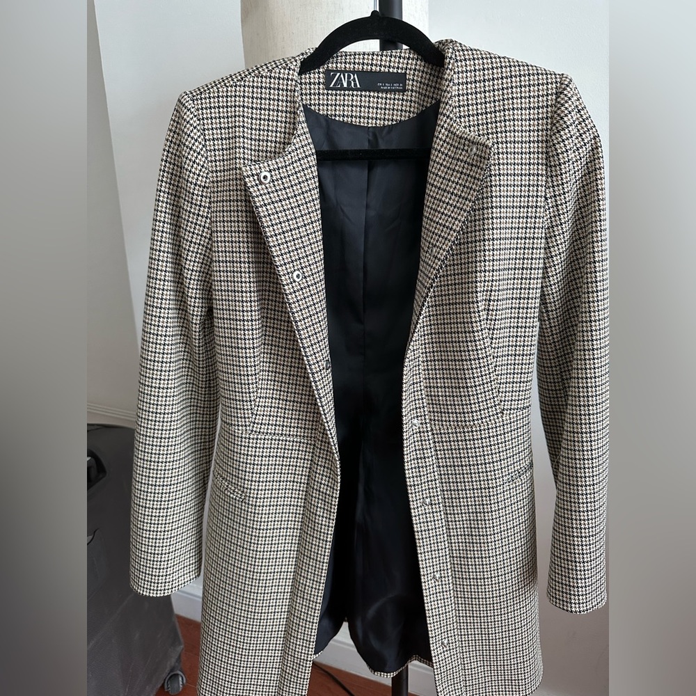 Zara Black and White Houndstooth Blazer Coat